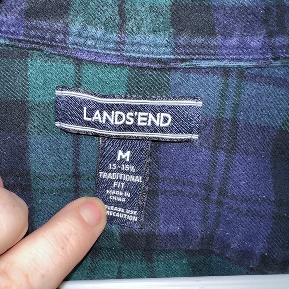 LAND'S END Classic Green and Navy Blue Plaid Button Down Men's Size M - Picture 3 of 4